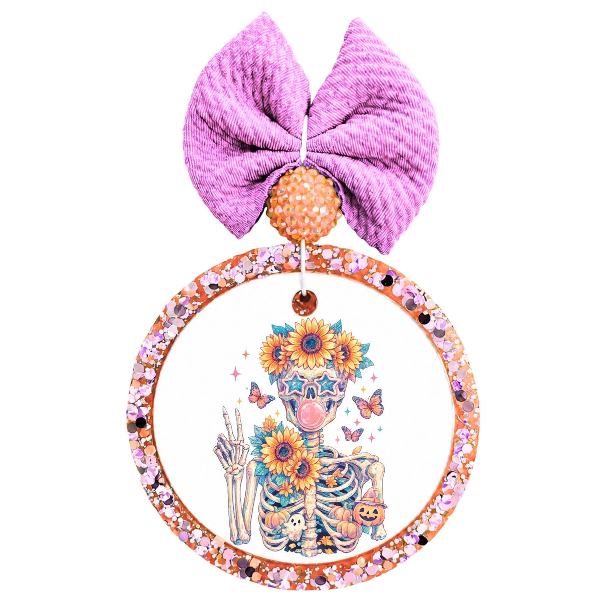 Skeleton wearing star-shaped sunglasses with sunflower crown, bubblegum, butterflies, and colorful floral accents.