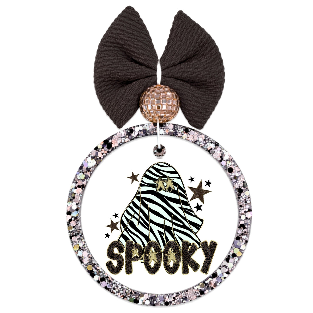 Zebra-striped ghost with star earrings surrounded by black and gold stars above the word Spooky.