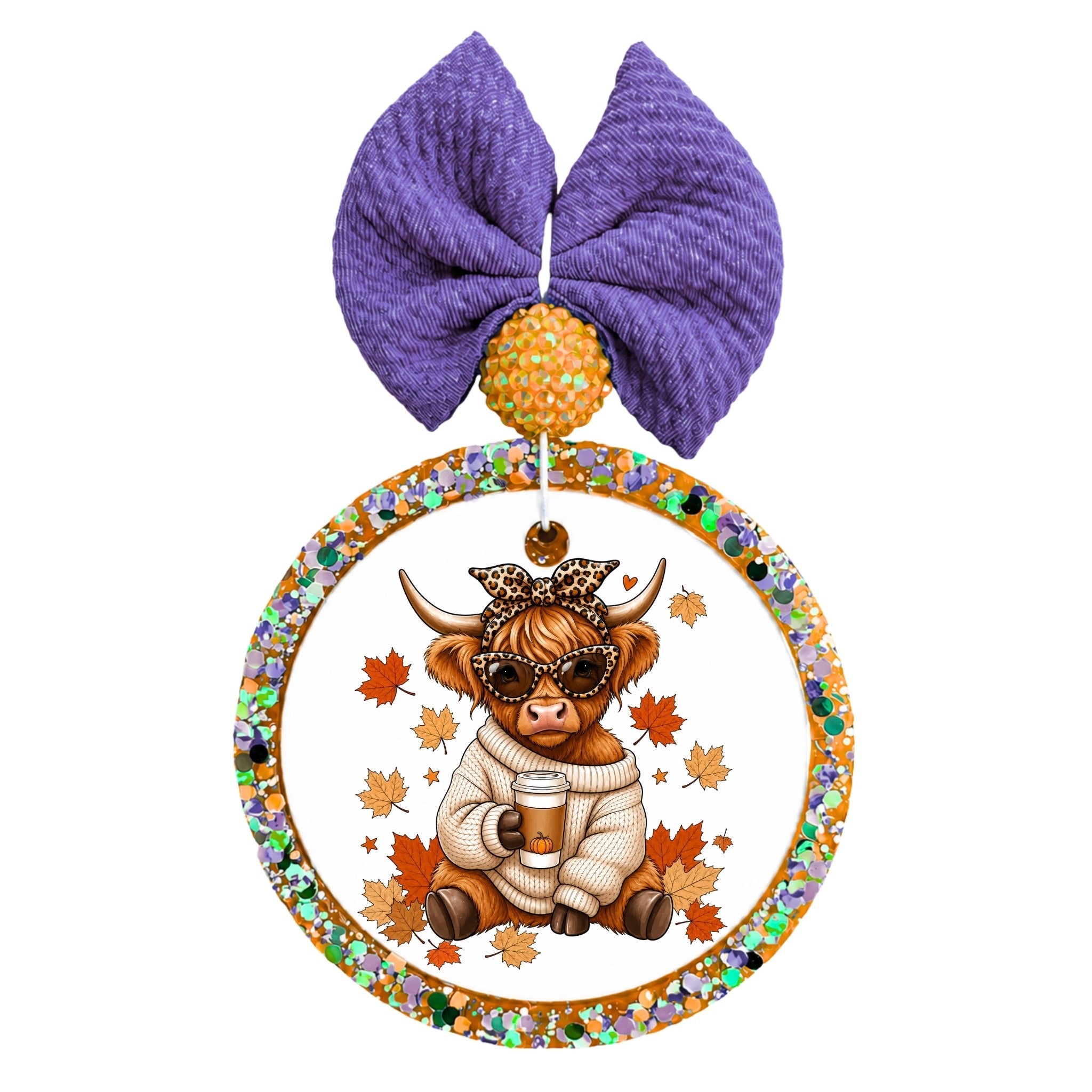Highland cow in an oversized cream sweater with leopard bow and glasses, holding a fall drink among autumn leaves.