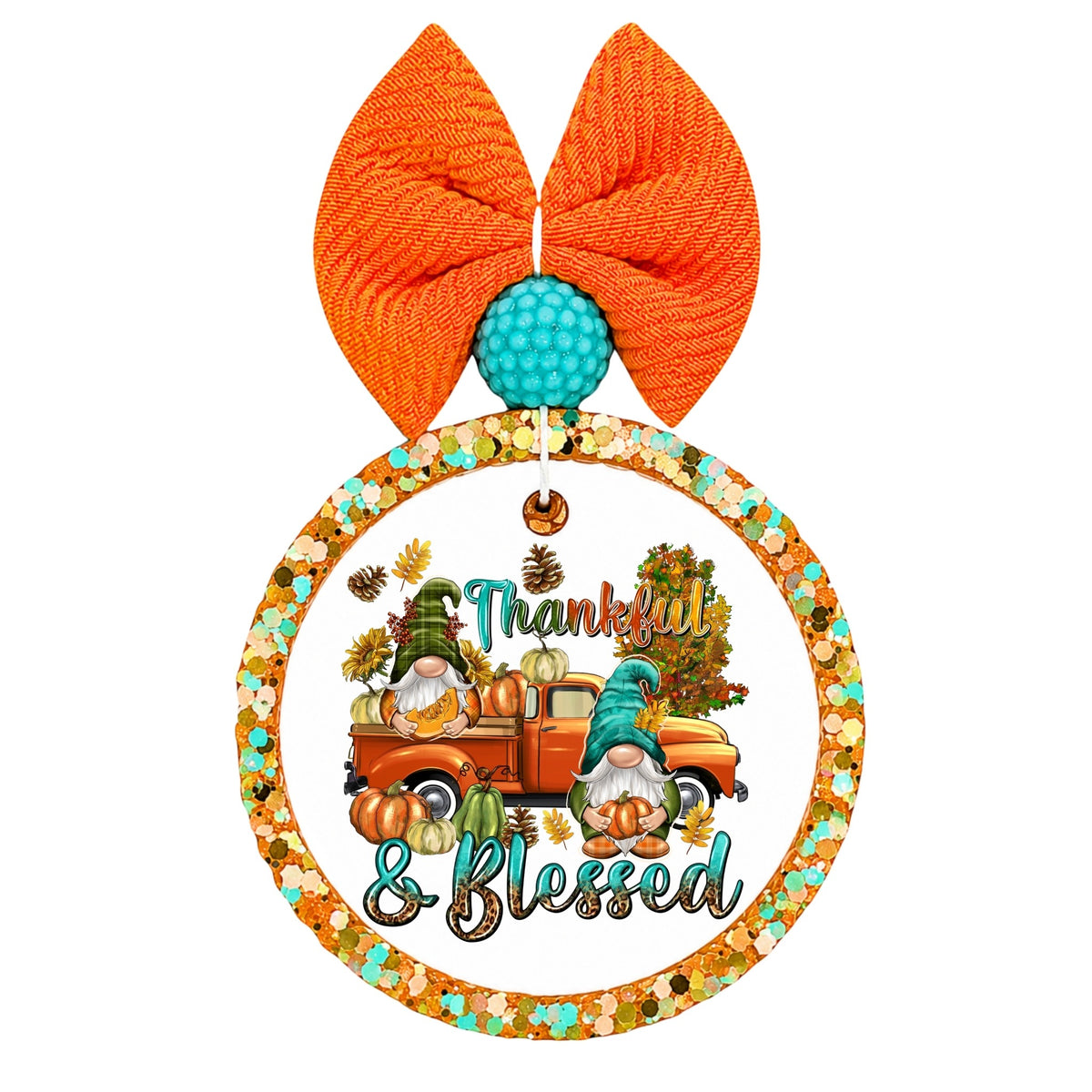 Thankful and Blessed text with fall gnomes, pumpkins, autumn leaves, and an orange pickup truck.