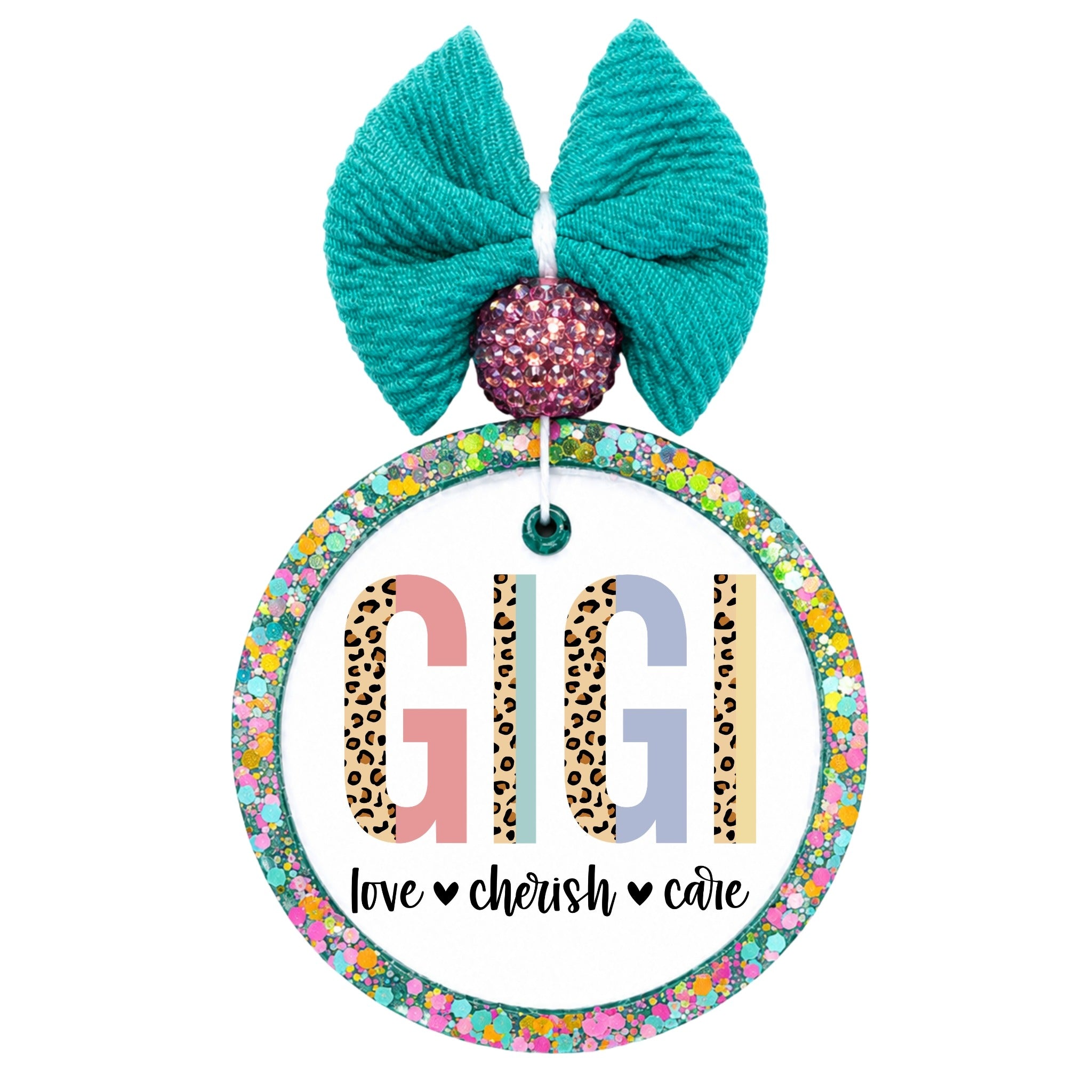 Gigi lettering with leopard print and pastel color blocks above the words love, cherish, care.