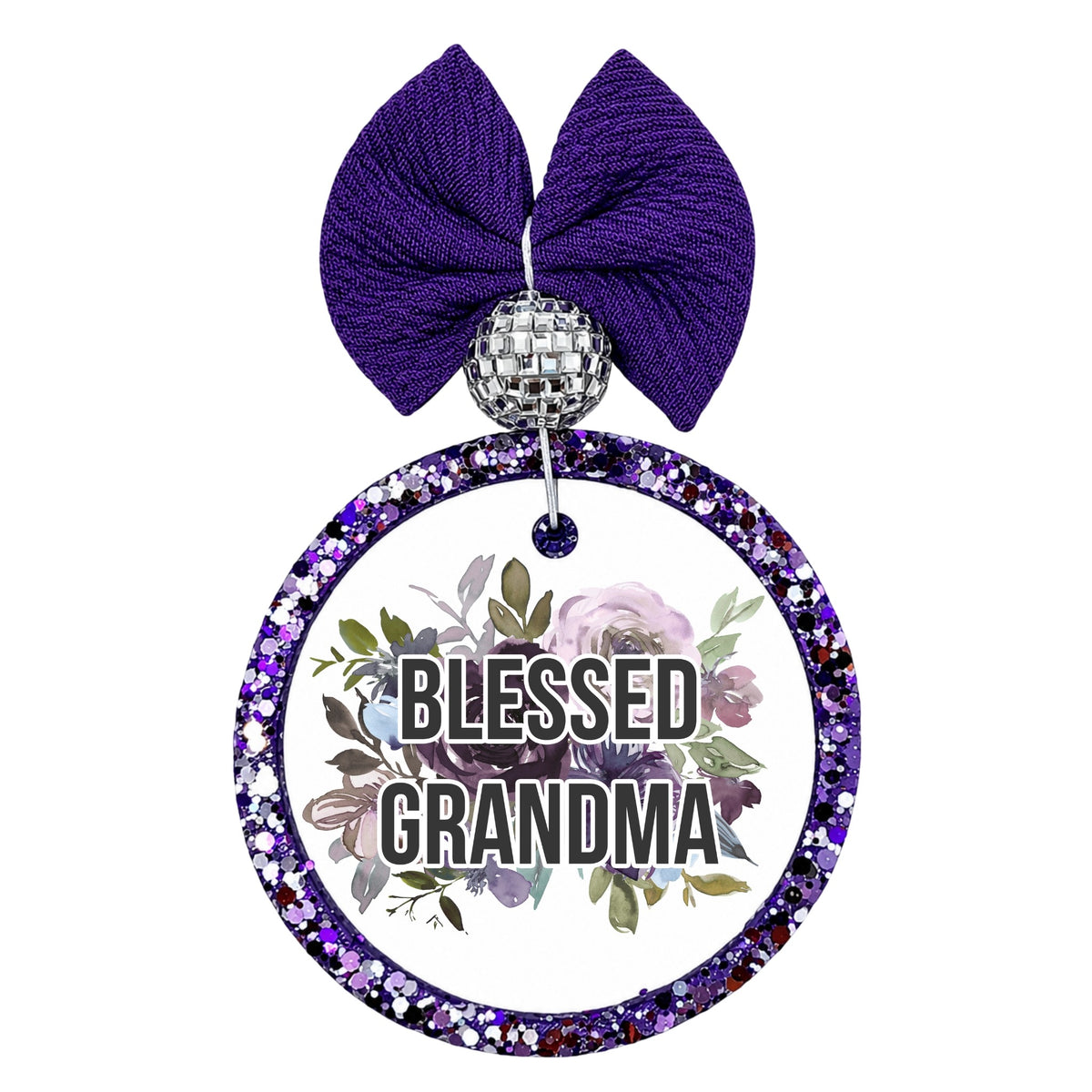 Blessed Grandma lettering over a soft purple watercolor floral bouquet.