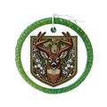 Detailed buck deer with antlers framed by green leaves and crystal-style accents.