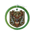 Detailed buck deer with antlers framed by green leaves and crystal-style accents.