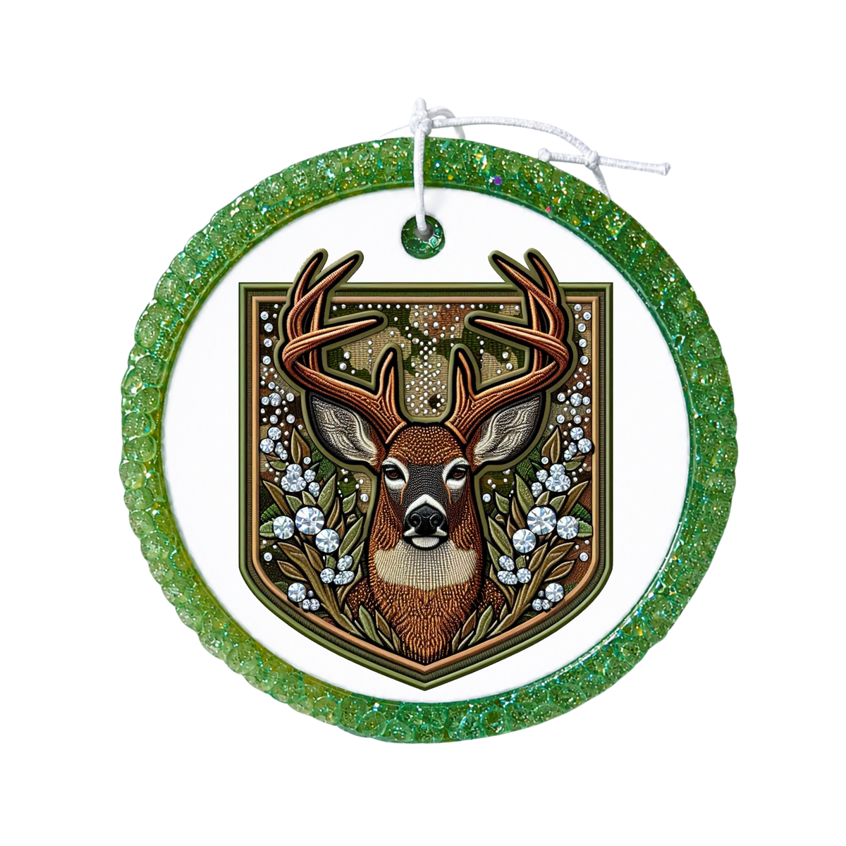 Detailed buck deer with antlers framed by green leaves and crystal-style accents.