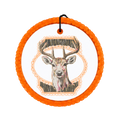 Buck deer illustration with antlers over a rustic camo-style background.