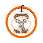 Buck deer illustration with antlers over a rustic camo-style background.