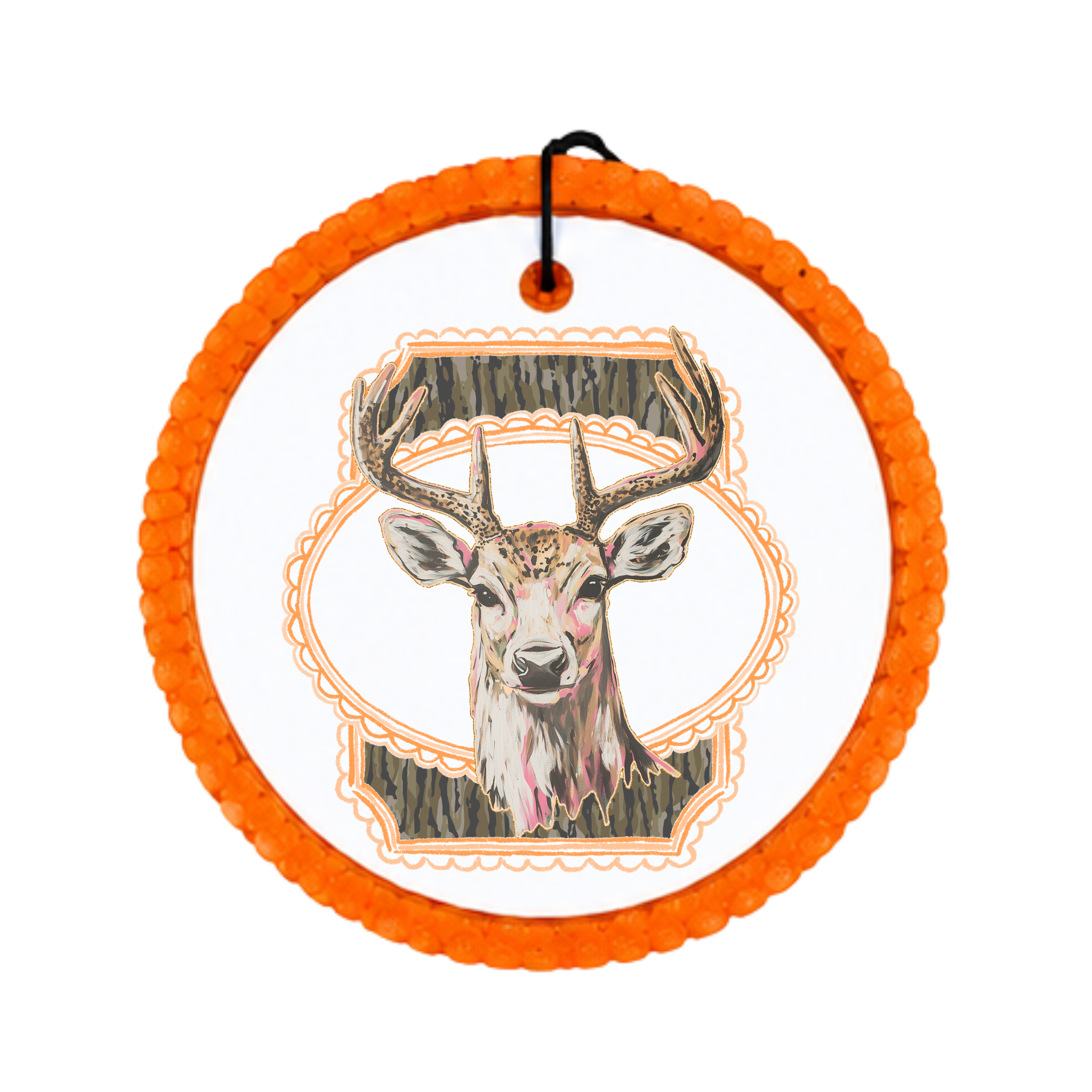 Buck deer illustration with antlers over a rustic camo-style background.