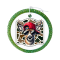 Deer wearing sunglasses and a red cap over a camouflage background.