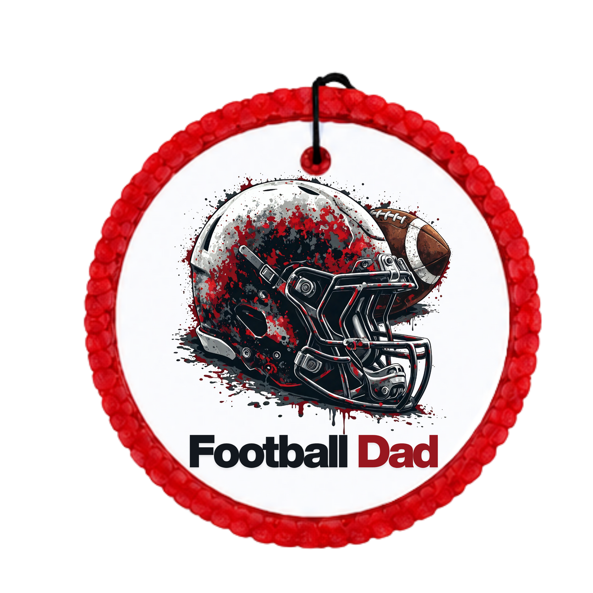 Football Dad design with a red, black and white football helmet and football.
