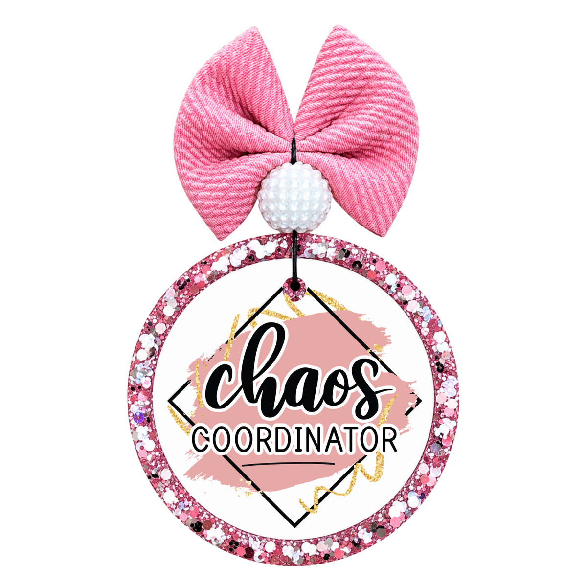Chaos Coordinator lettering with pink brush strokes and gold accents.