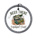 Fishing tackle box design with the words Been There Tackled That.
