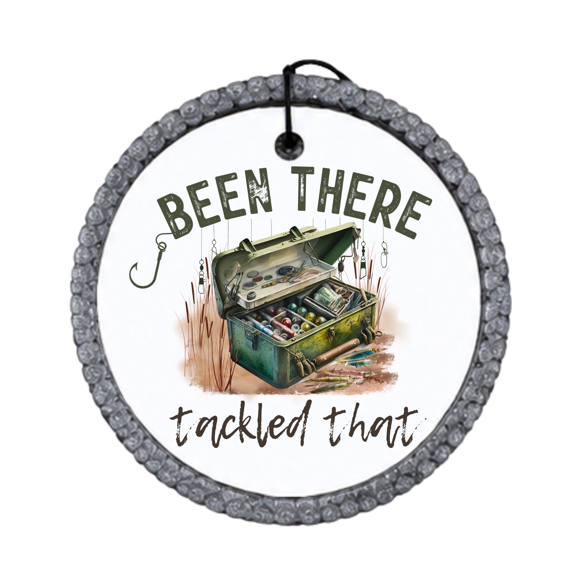 Fishing tackle box design with the words Been There Tackled That.