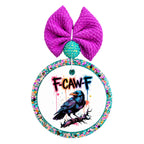 F-CAW-F lettering above a crow with blue, purple, and teal feathers against colorful paint splashes.