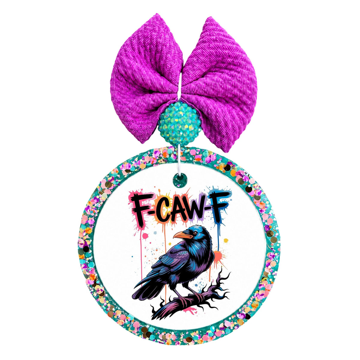 F-CAW-F lettering above a crow with blue, purple, and teal feathers against colorful paint splashes.