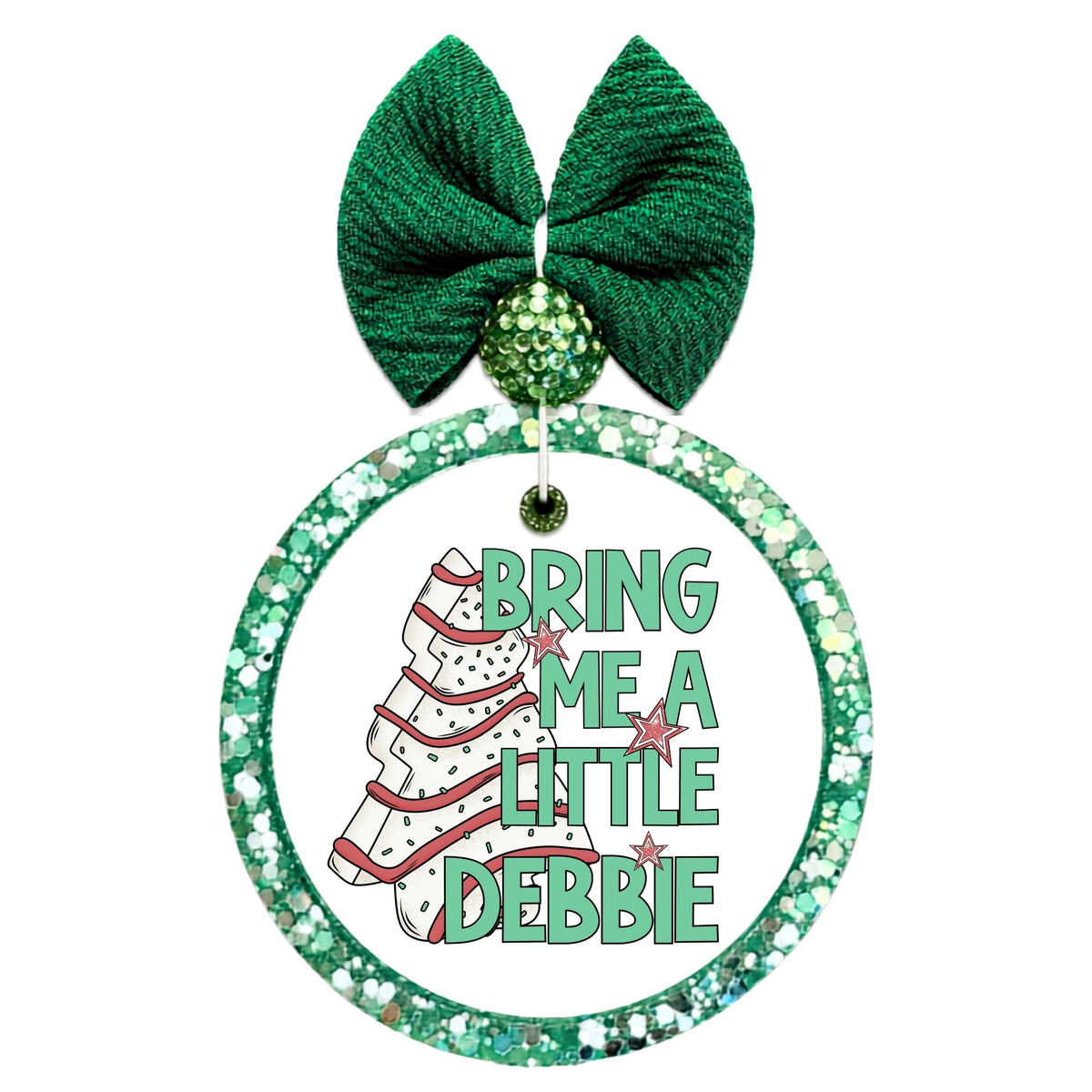 Bring Me a Little Debbie style text with a Christmas tree snack cake illustration.