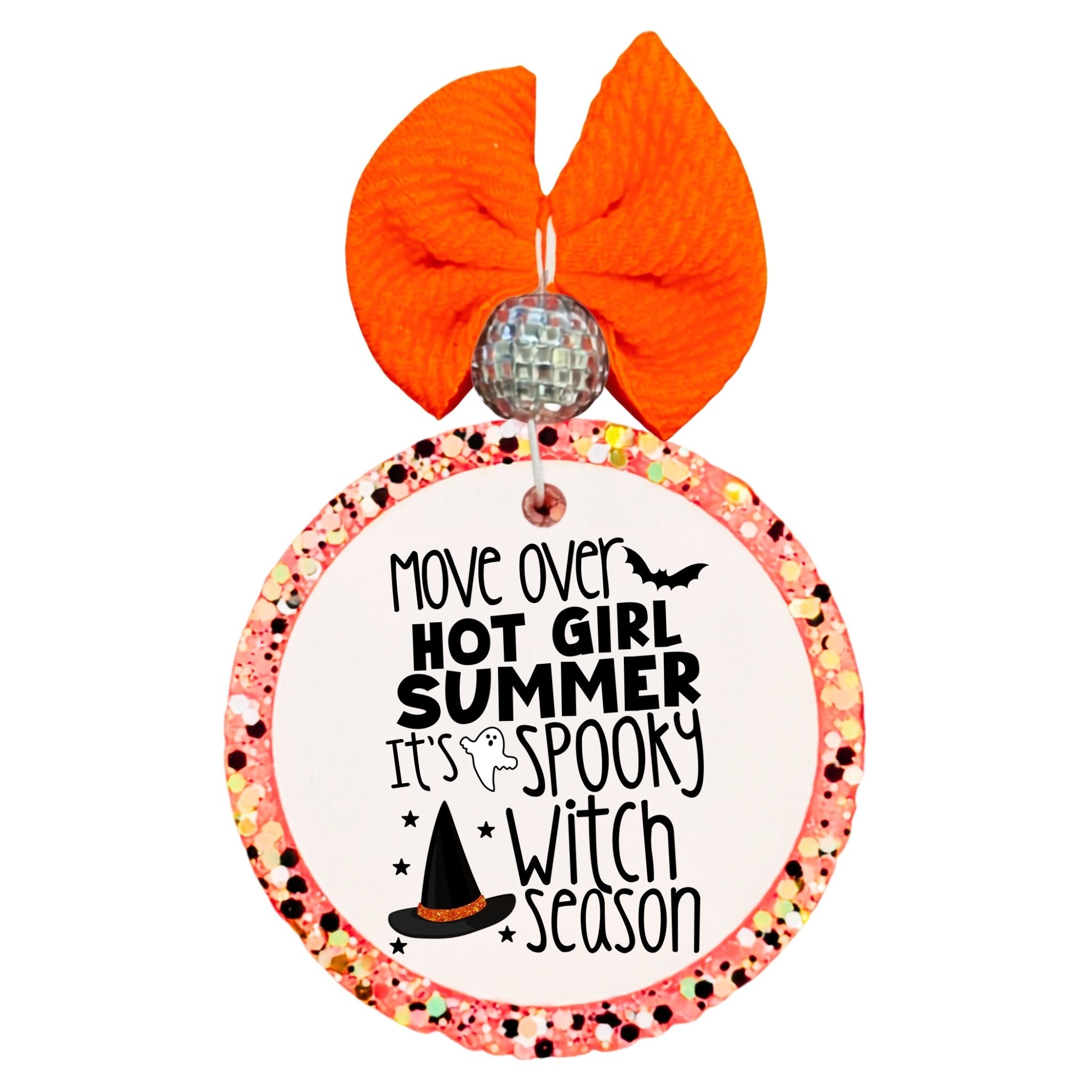 Move over hot girl summer, it's spooky witch season lettering with bats, stars, and a witch hat.