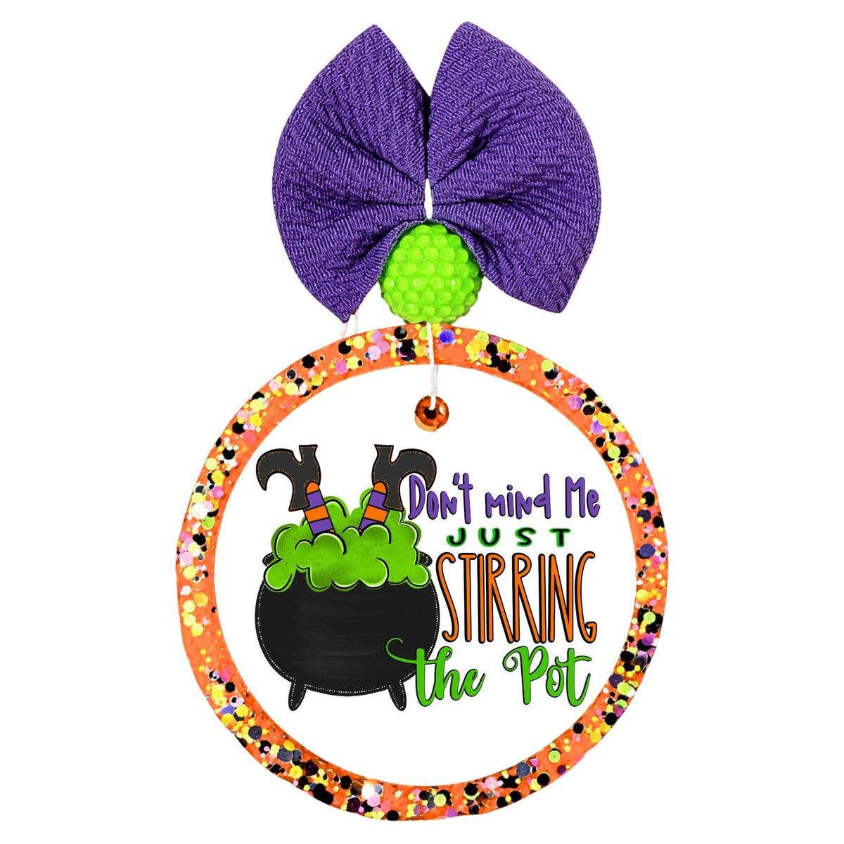 Don't mind me, just stirring the pot lettering with a bubbling green cauldron and witch legs.