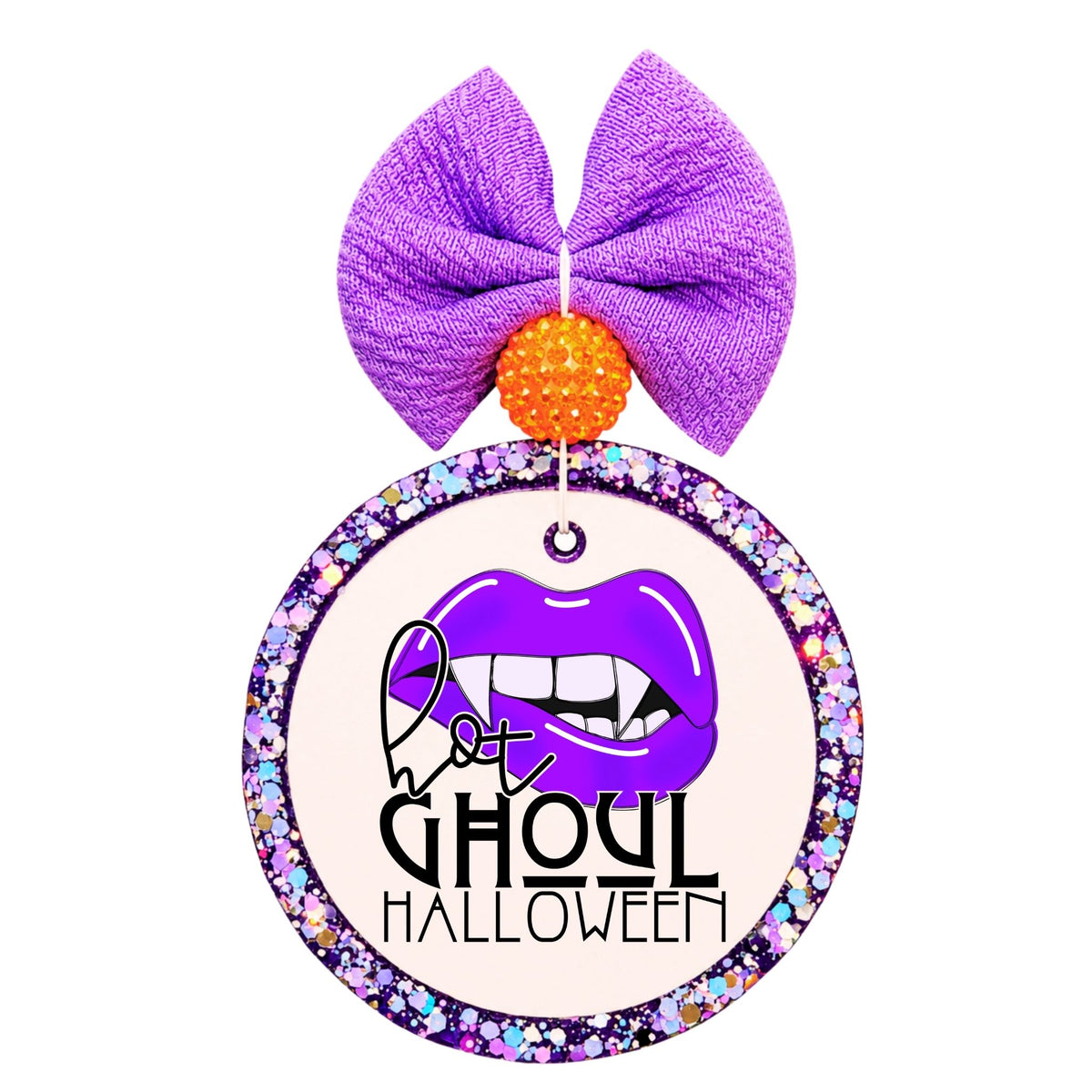 Hot ghoul Halloween lettering beneath purple vampire lips with white fangs.