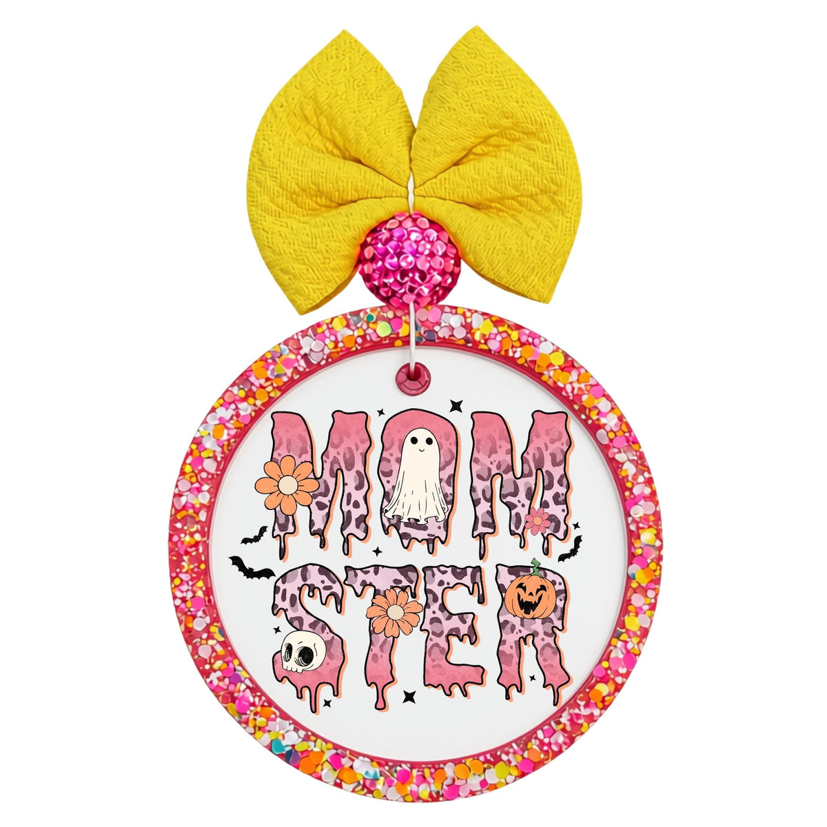 MOMSTER in dripping pink letters with flowers and small dark accents.