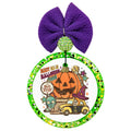 Meet me in Halloween Town lettering with a jack-o'-lantern, witch hat, vintage vehicles, and stars.