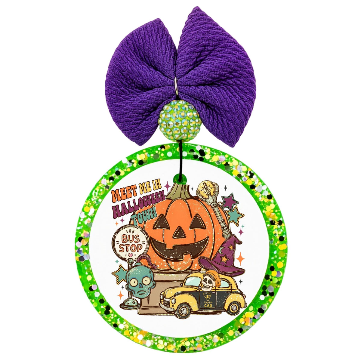 Meet me in Halloween Town lettering with a jack-o'-lantern, witch hat, vintage vehicles, and stars.