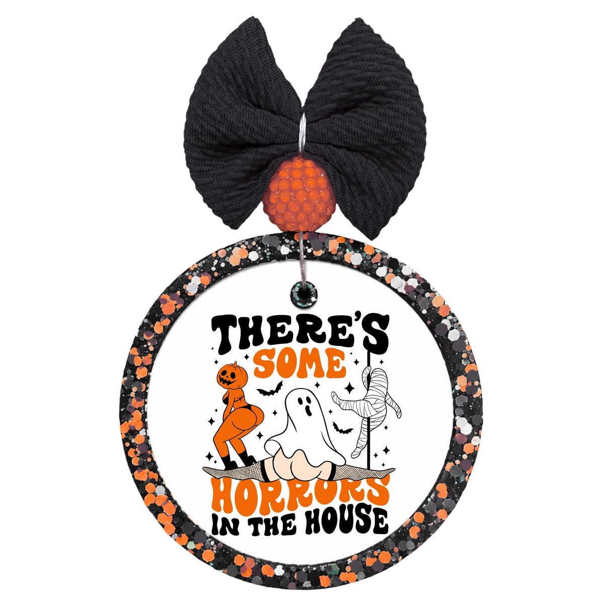 There's some horrors in the house in black and orange lettering with playful Halloween characters.