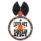 Let's get pumpkin spicy in bold black lettering with an orange pumpkin character doing the splits and stars.