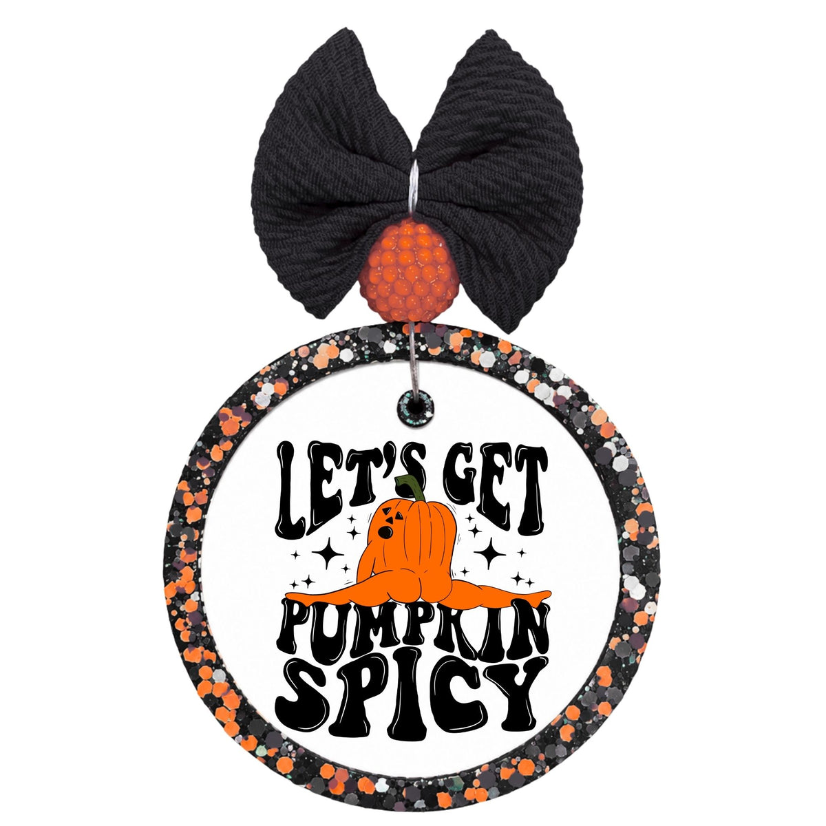 Let's get pumpkin spicy in bold black lettering with an orange pumpkin character doing the splits and stars.