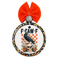 F-CAW-F lettering with a black crow, orange checkerboard, skull, pumpkins, and flowers.