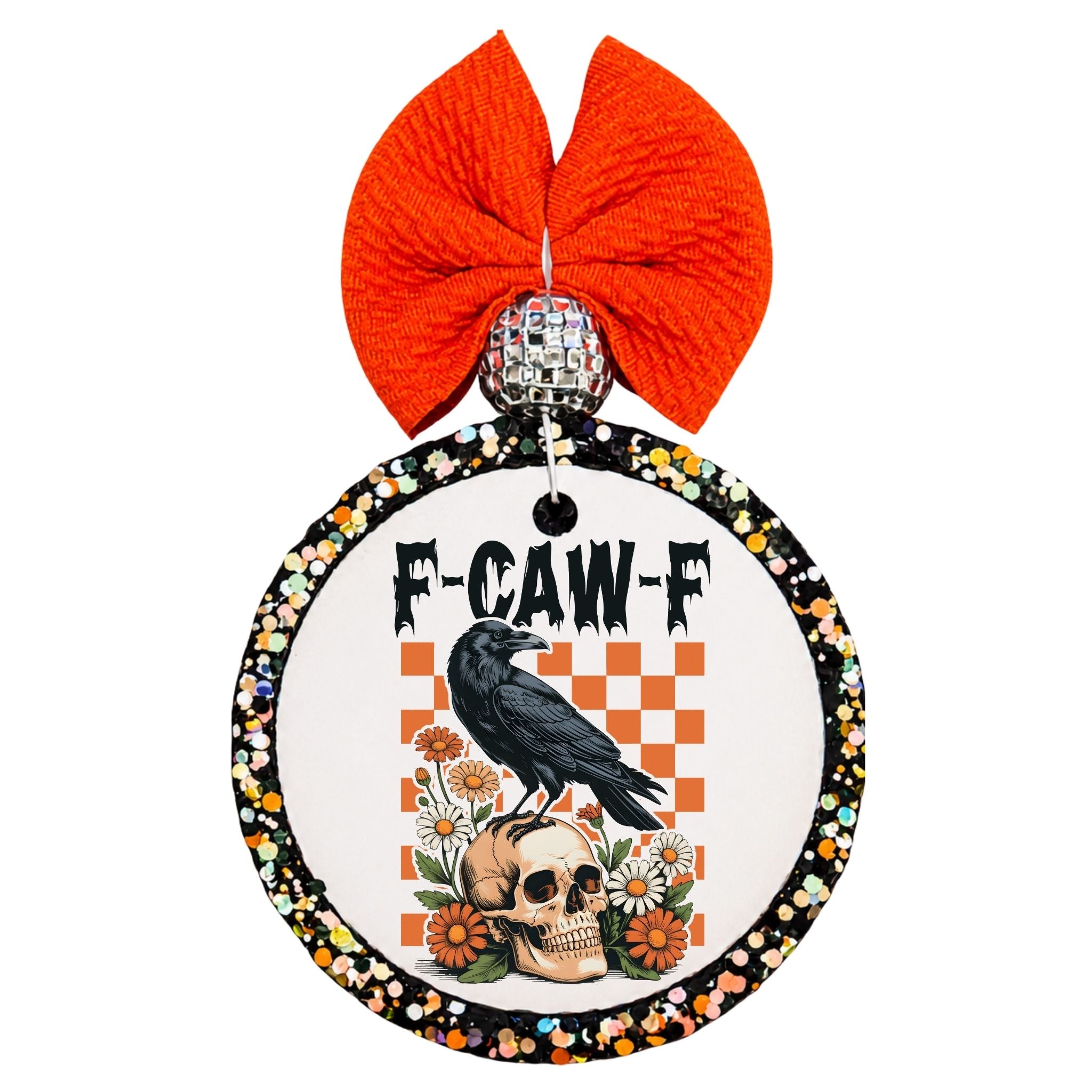 F-CAW-F lettering with a black crow, orange checkerboard, skull, pumpkins, and flowers.