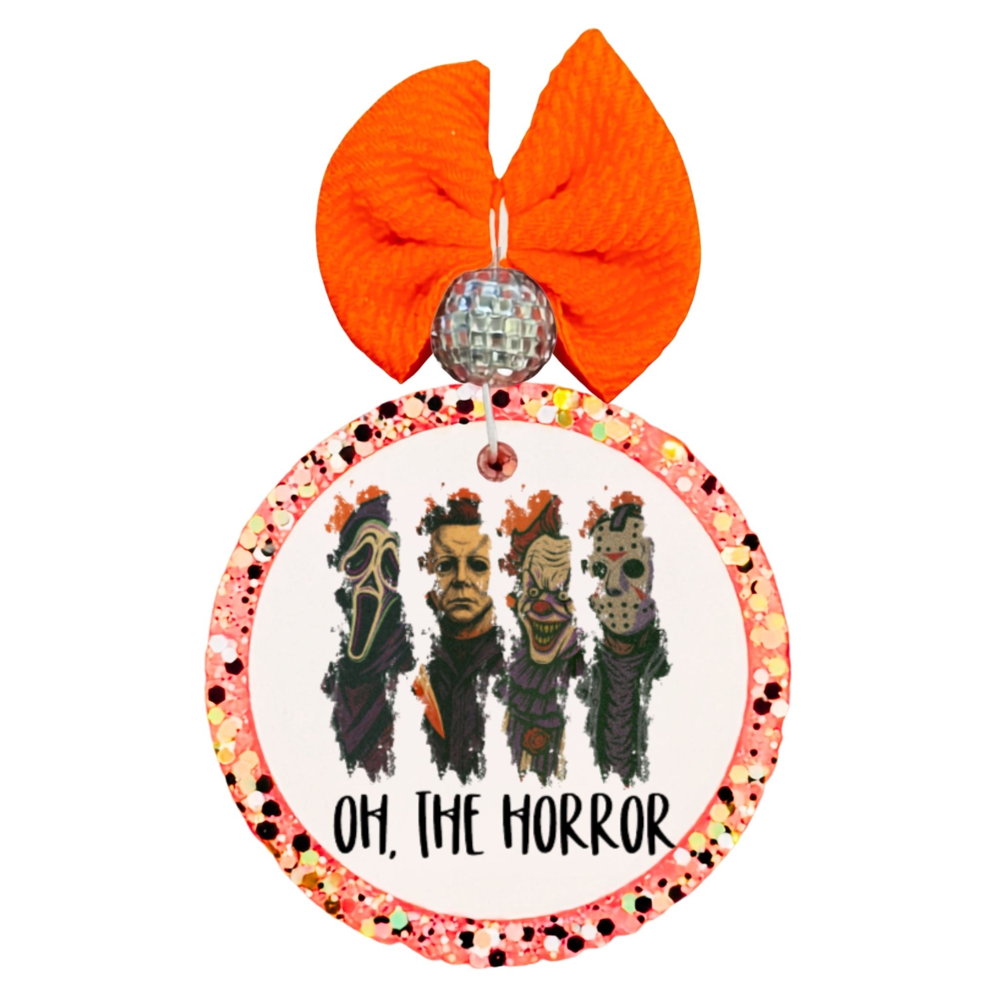 Oh, the horror lettering beneath a lineup of four illustrated horror characters with floral details.