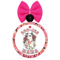 Boo-jee mama lettering around a ghost carrying a pink handbag, with pink flowers and green leaves.