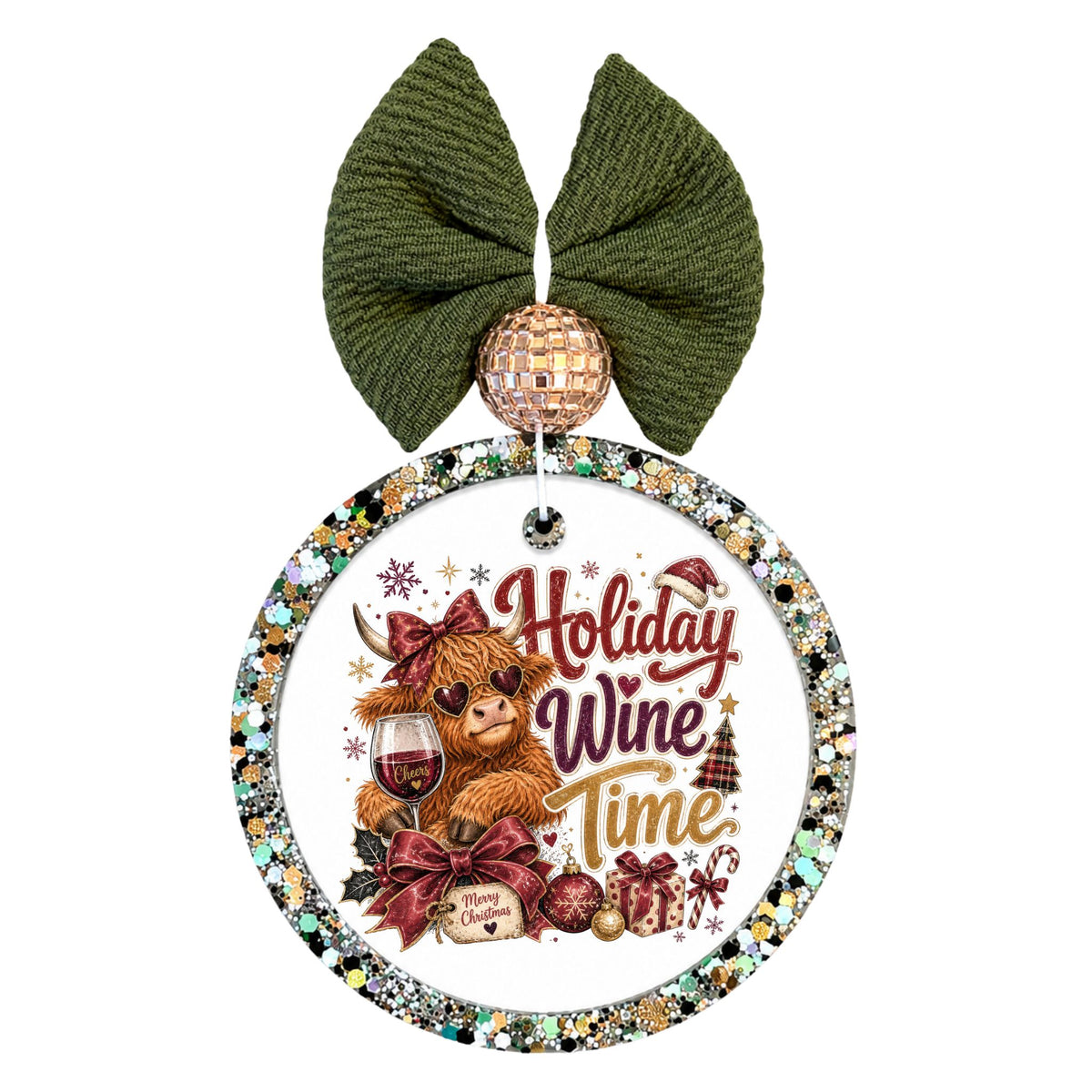 Holiday wine time lettering with a Highland cow, wine glass, red bows, and festive decorations.