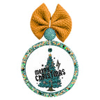 Merry Christmas lettering across a cluster of teal Christmas trees with ornaments and a gold star.