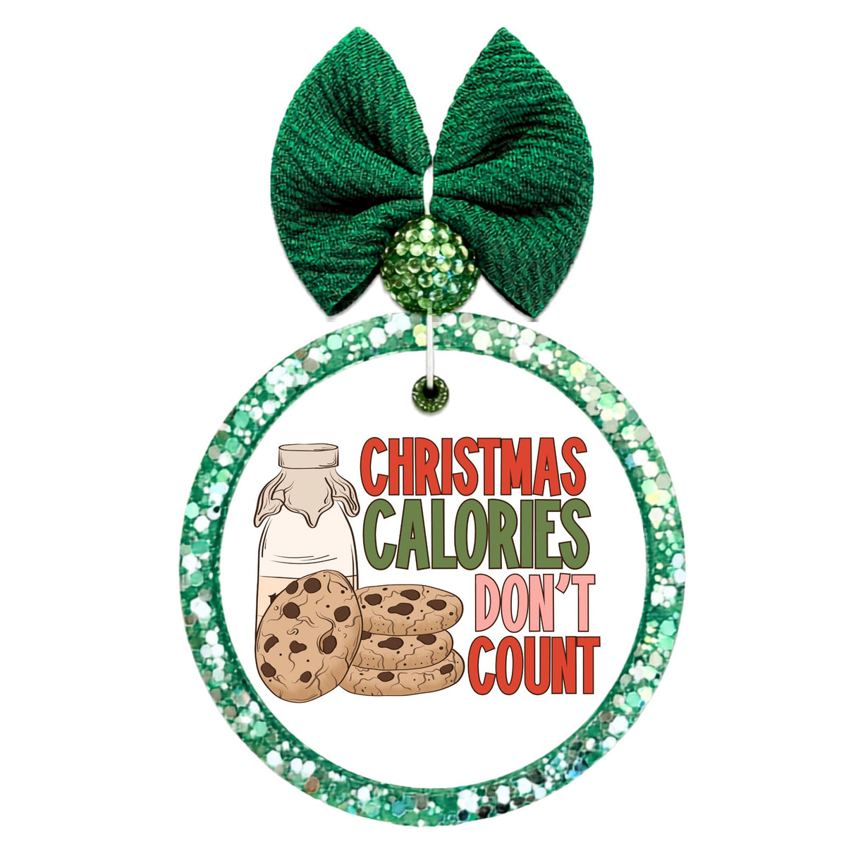 Christmas calories don't count in red and green lettering beside chocolate-chip cookies and a bottle of milk.