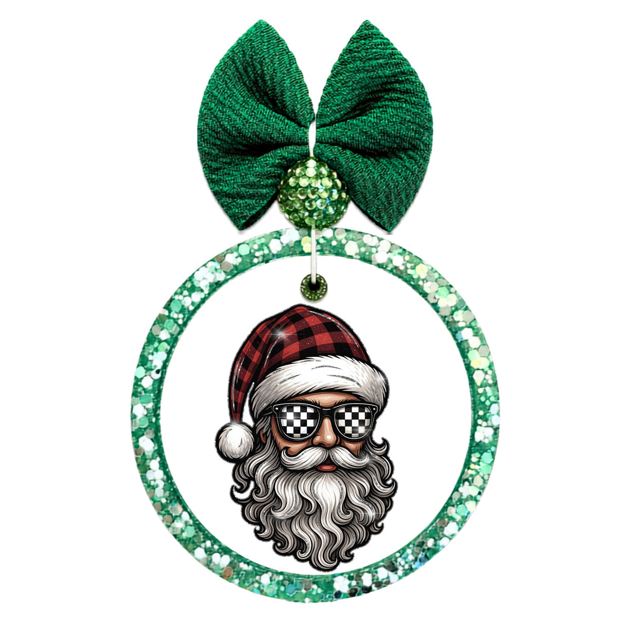 Santa with a curled gray beard, black-and-white checkered sunglasses, and a red-and-black plaid hat.