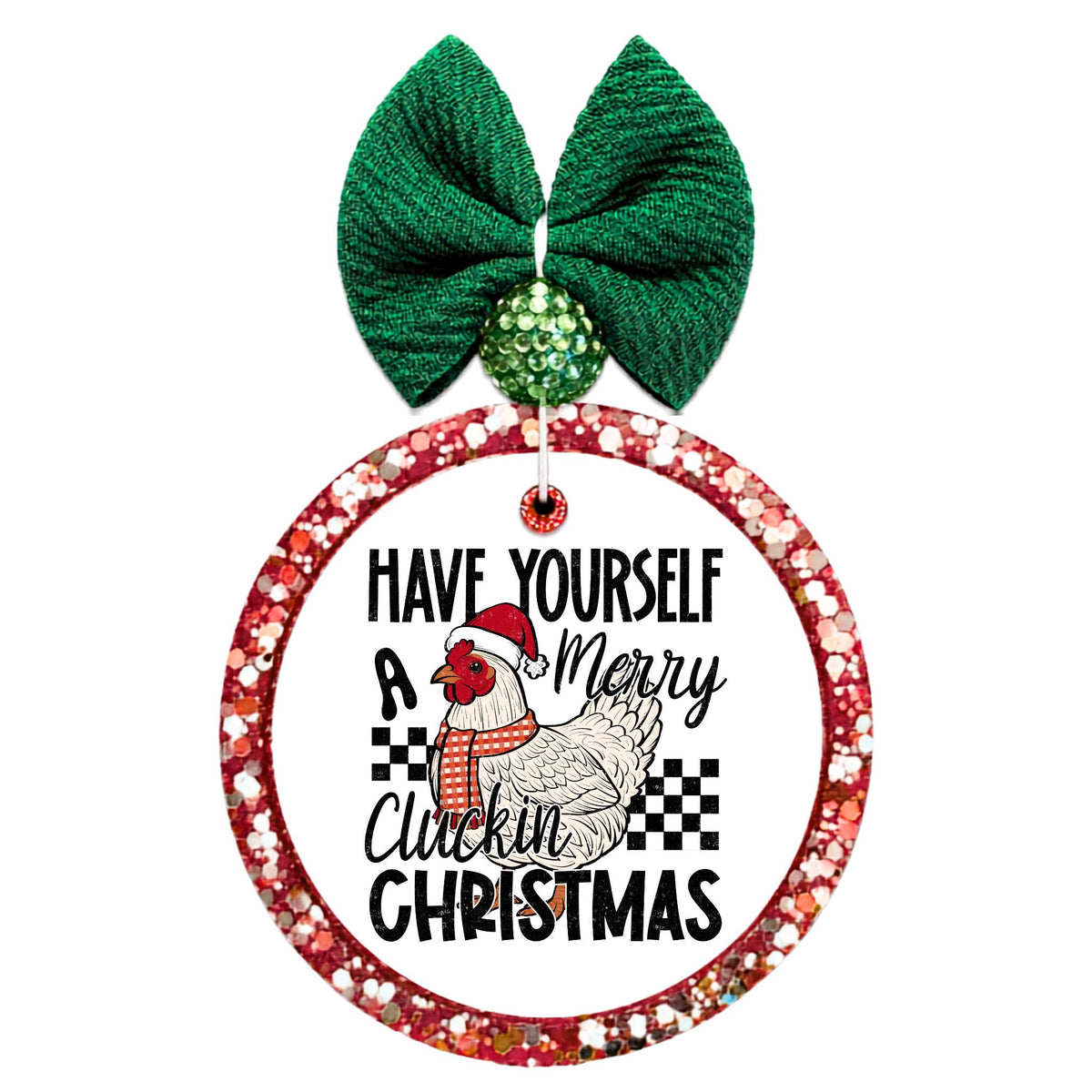 Have yourself a merry cluckin Christmas lettering with a chicken in a Santa hat and scarf, plus black-and-white checks.