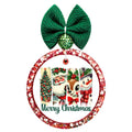 Merry Christmas lettering beneath a nostalgic scene featuring Santa, a reindeer, a snowman, Christmas trees, and snowy details.