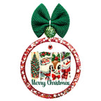 Merry Christmas lettering beneath a nostalgic scene featuring Santa, a reindeer, a snowman, Christmas trees, and snowy details.