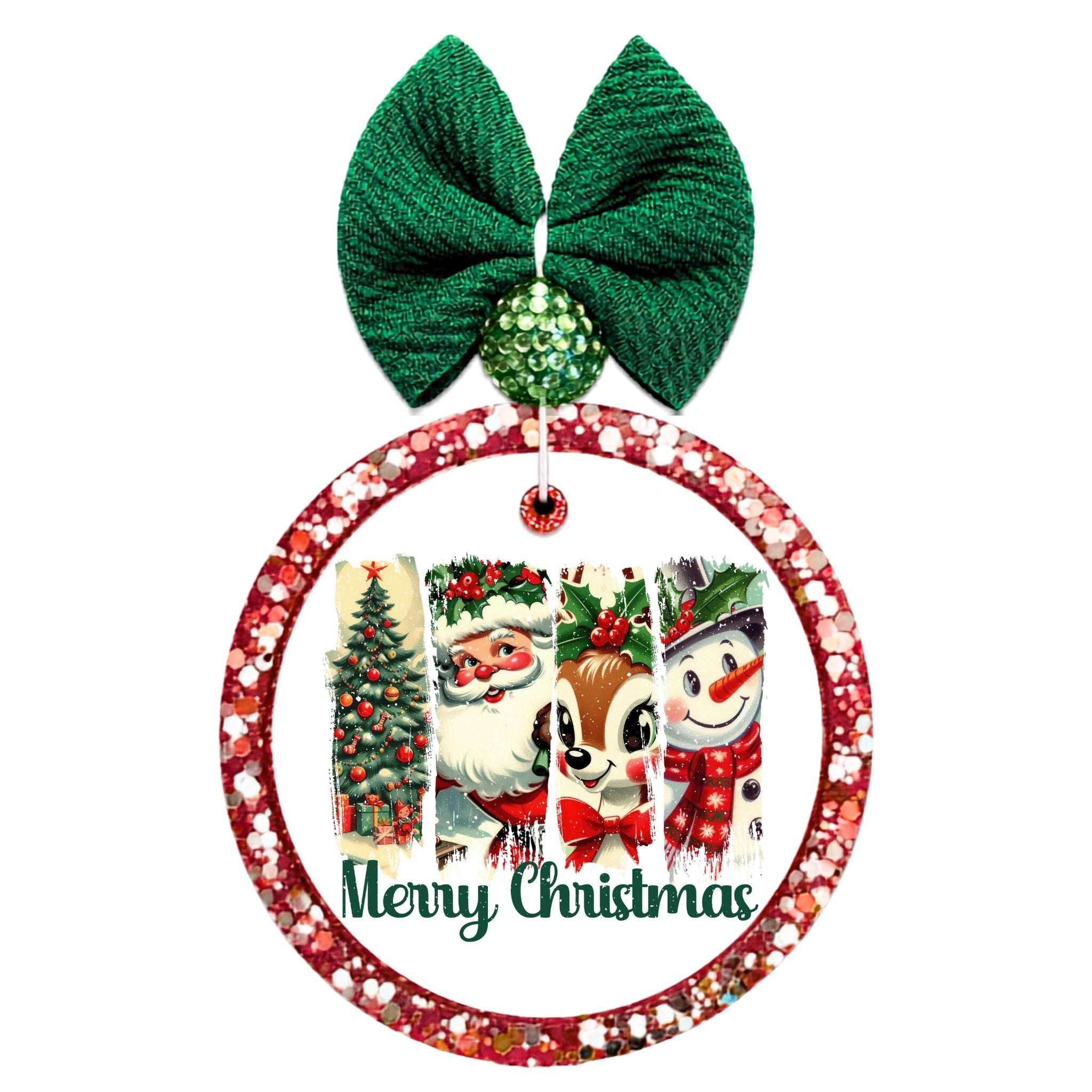 Merry Christmas lettering beneath a nostalgic scene featuring Santa, a reindeer, a snowman, Christmas trees, and snowy details.