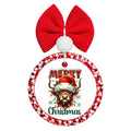 Merry Christmas lettering around a shaggy Highland cow wearing a Santa hat, surrounded by festive greenery and snowflakes.