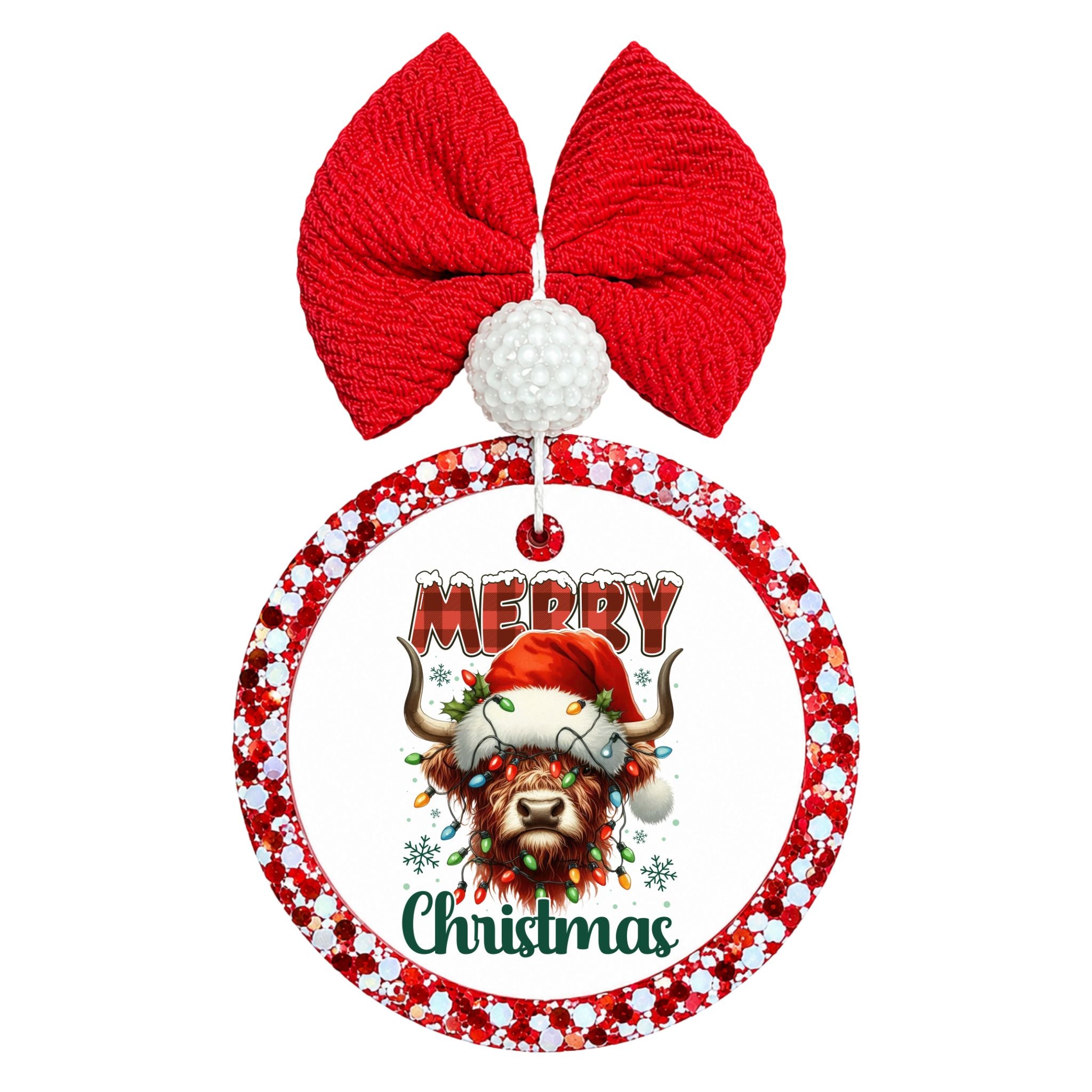 Merry Christmas lettering around a shaggy Highland cow wearing a Santa hat, surrounded by festive greenery and snowflakes.