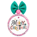 Merry Christmas in colorful patterned letters with small wrapped gifts and gold stars.