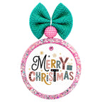 Merry Christmas in colorful patterned letters with small wrapped gifts and gold stars.
