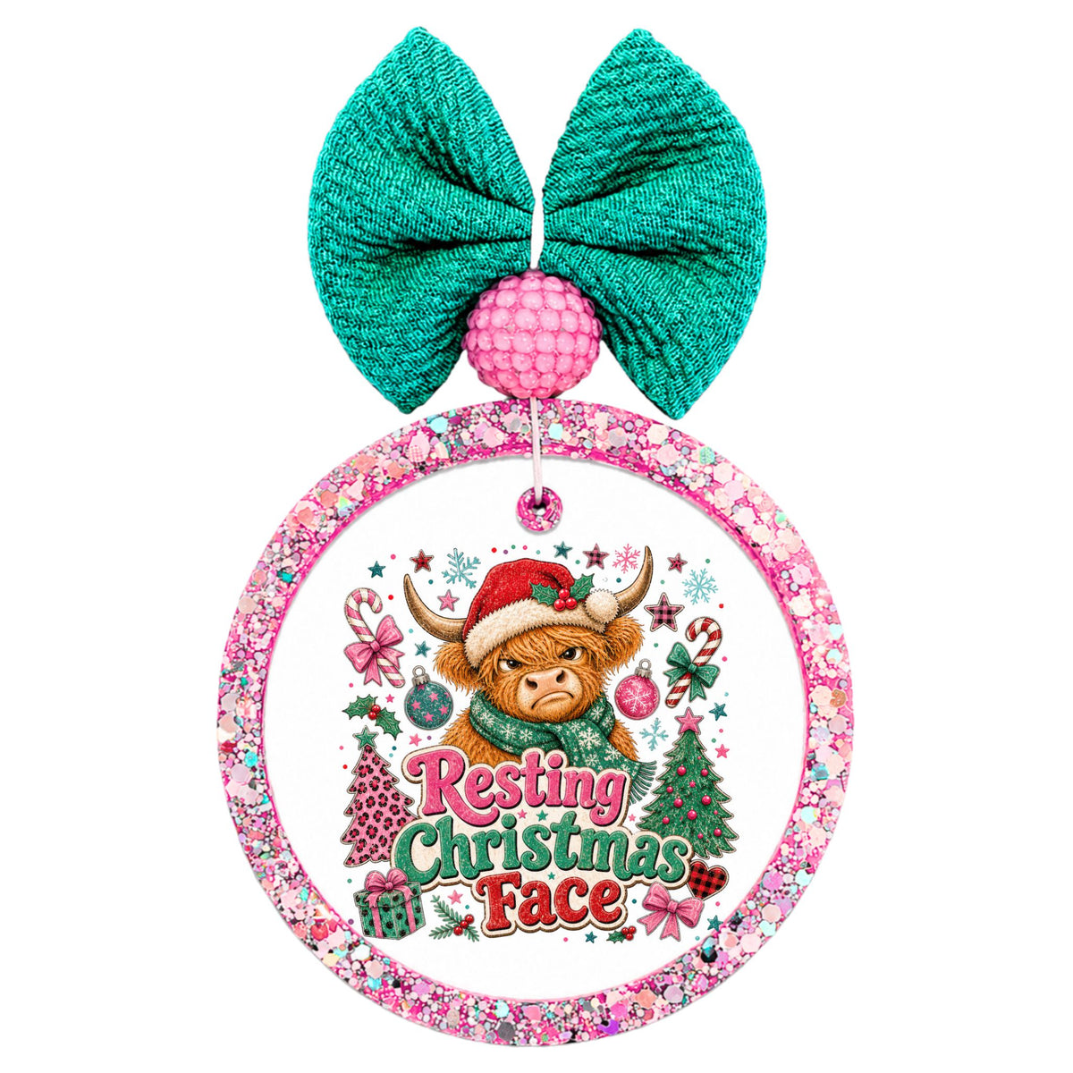 Resting Christmas face lettering with a Highland cow in a Santa hat, ornaments, Christmas trees, and pink-and-teal details.
