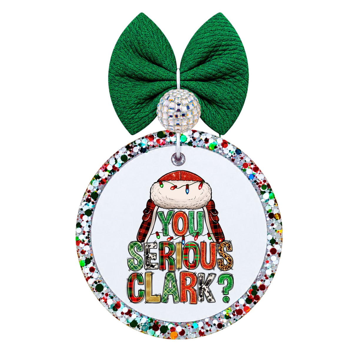 You serious Clark lettering in patterned red and green beneath a winter hat.