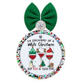 Three festive wine glasses decorated with a tree, reindeer, and Santa hat, with white Christmas but red is also fine wording.