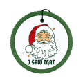 Vintage-style Santa face in a red hat with gold stars and I saw that lettering.