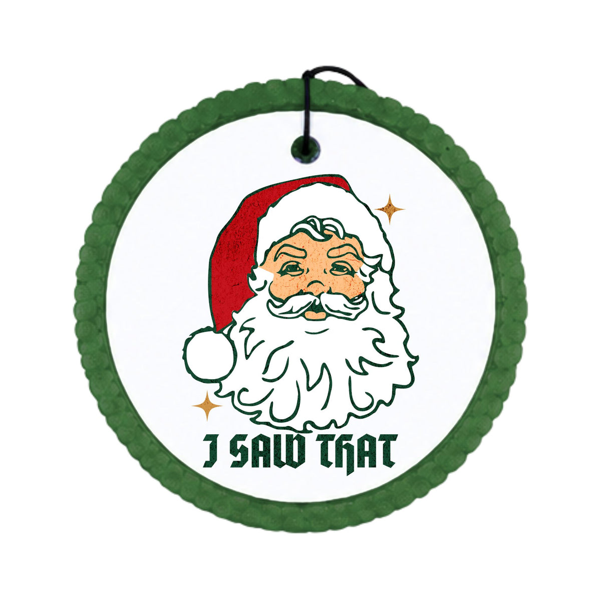 Vintage-style Santa face in a red hat with gold stars and I saw that lettering.